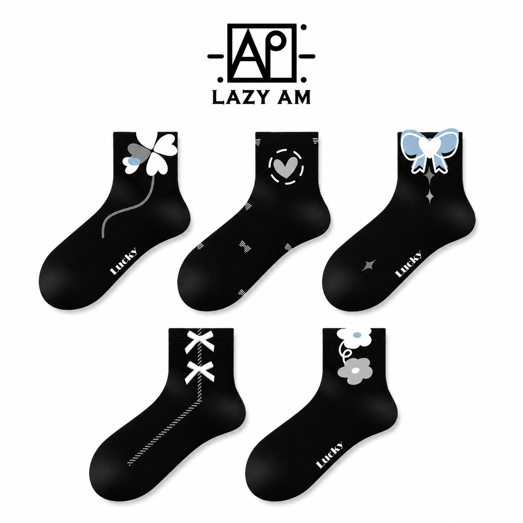 LAZYAM Lucky Motif Black Ankle Socks – 5-Pair Set