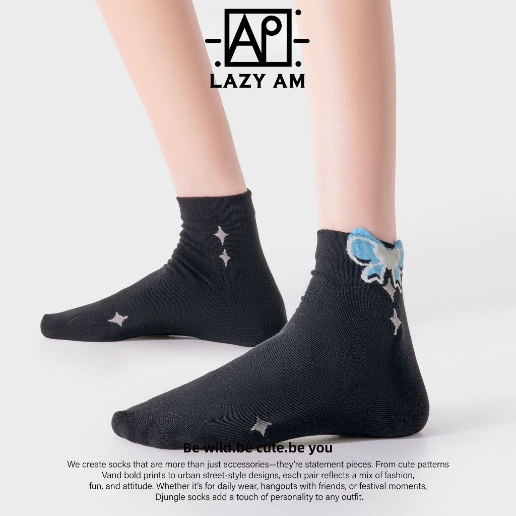LAZYAM Lucky Motif Black Ankle Socks – 5-Pair Set